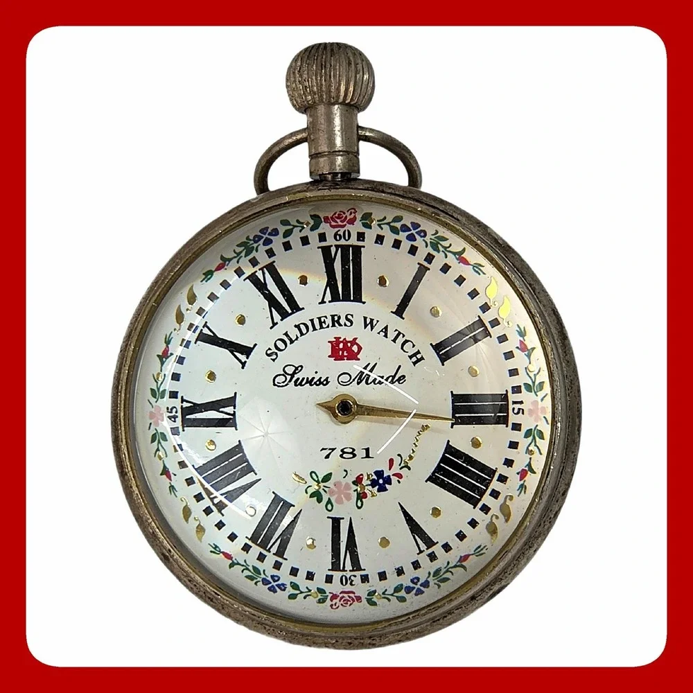 781 Soldiers Watch Silver Floral Pocket Ball Globe Desk Quartz Timepiece Swiss
